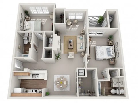 Floor plan of ‘The Apennine’ 2-bedroom, 2-bathroom, 1,157 sq ft unit at Enclave at Wolfchase, Cordova, TN — pet-friendly layout with island kitchen and sunlit living area near Arlington and Bartlett.